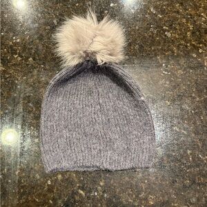 Gray Knit Beanie with Faux Fur Pom